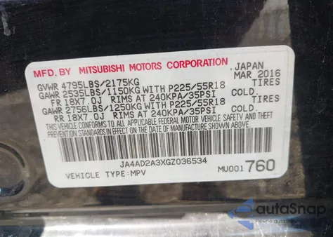 2016 Mitsubishi Outlander Es z USA, uszkodzony, nr VIN JA4AD2A3XGZ036534